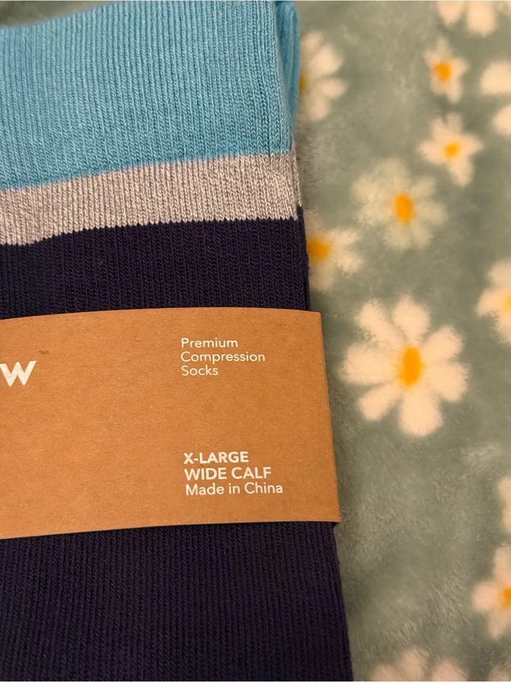 Wellow Blue Stripe Wide Calf Knee High Bamboo Compression Socks - size XL